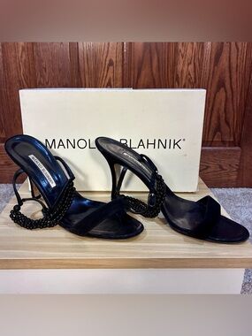 Manolo Blahnik Black Beaded Strap Mules